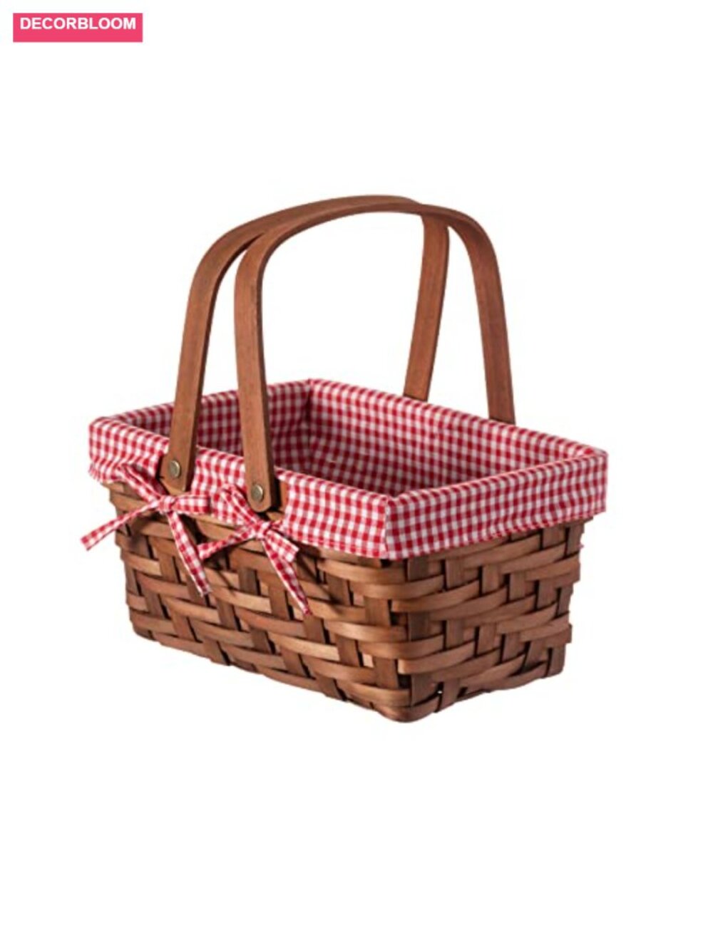 Woodchip Picnic Basket Set Woven Double Folding Handles Gingham Lined